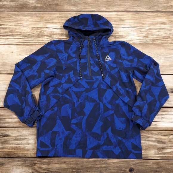 Reebok Classic Fit‎ 1/2 Zip Anorak Hooded Jacket Mens Size S Cobalt/Black - Picture 1 of 13